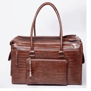 Croc Embossed Faux Leather Pet Carrier Brown Mesh Dog Cat Travel Bag 17in